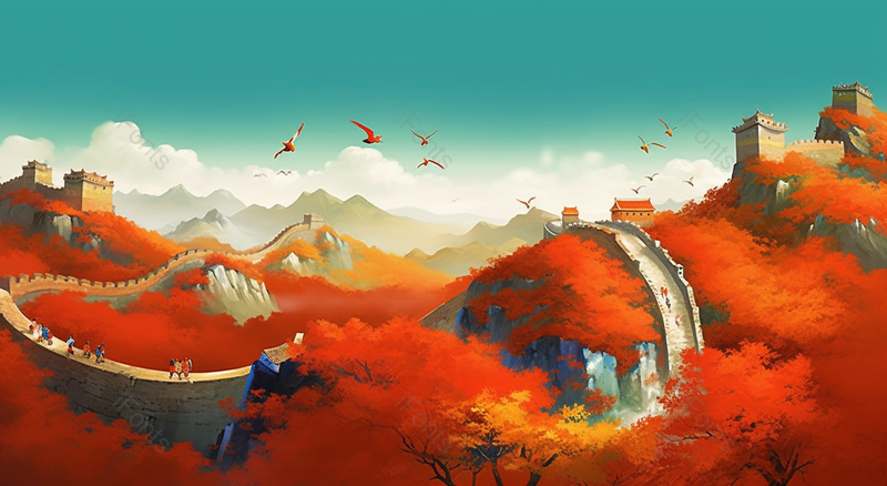 国潮风风景插画万里长城满山红色枫叶枫树飞鸟飞过,插画/手绘图,插画/手绘图库,插画/手绘图下载,插画/手绘